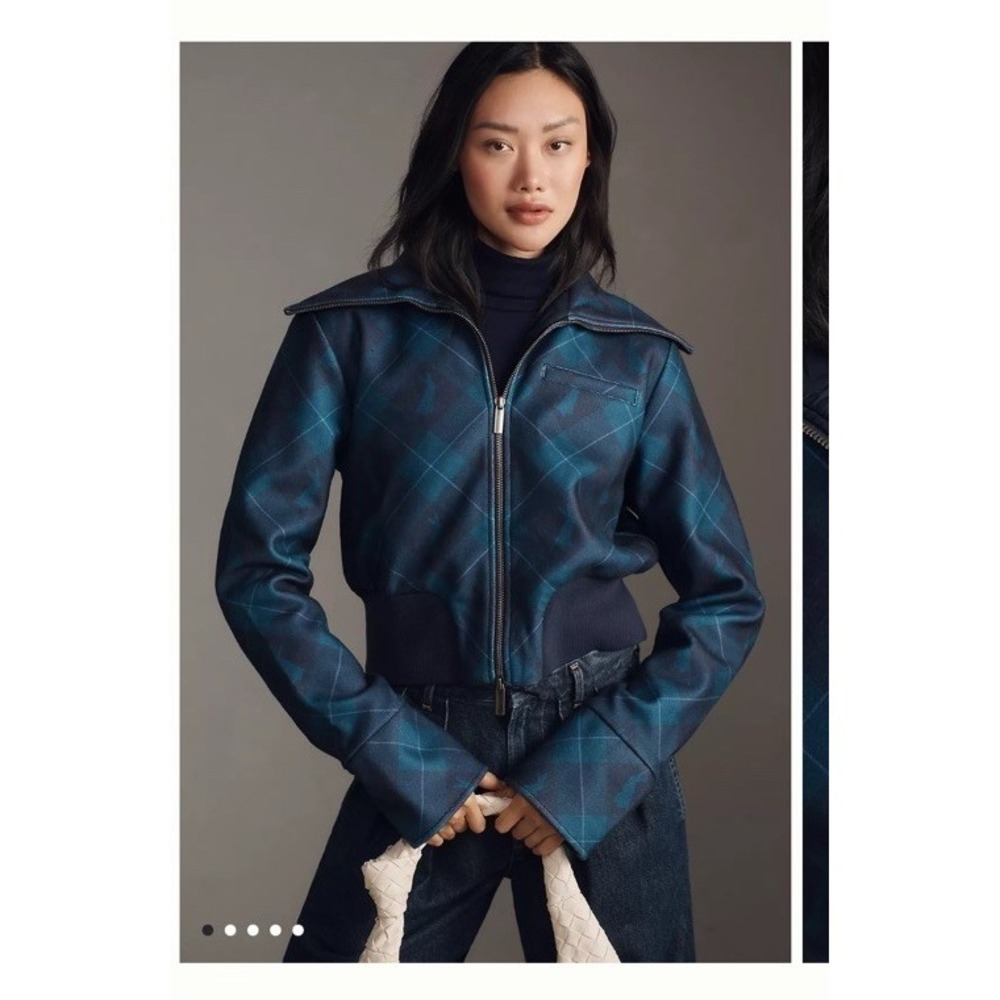 Anthropologie Maeve Shrunken Bomber Jacket Size Large Plaid Blue Green Bunny